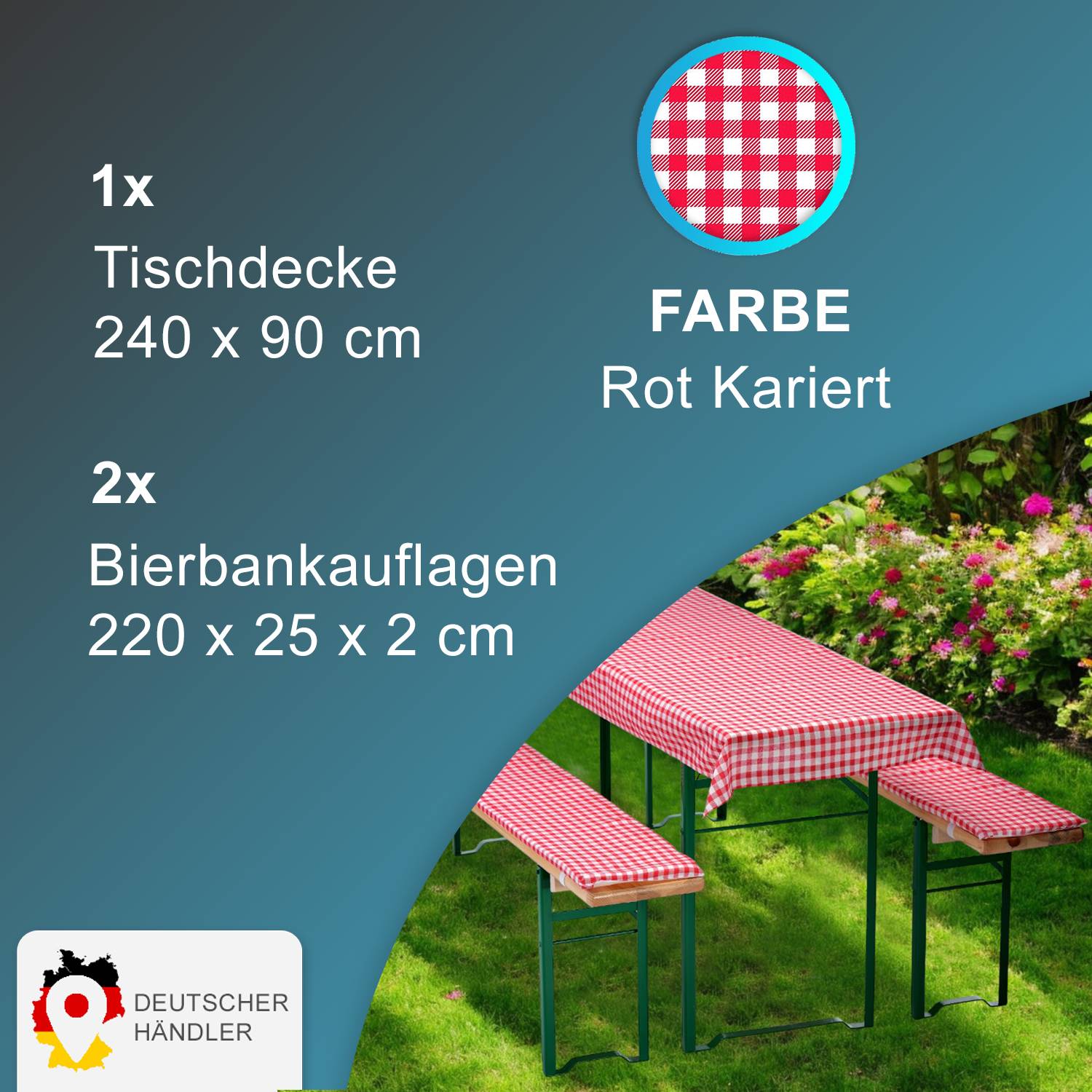 NYVI Bierbankauflagen Set 240x90 cm Rot Kariert - 1x Tischdecke für 220x70 cm Biertische & 2x Gepolsterte Auflage für 220x25 cm Bierbänke