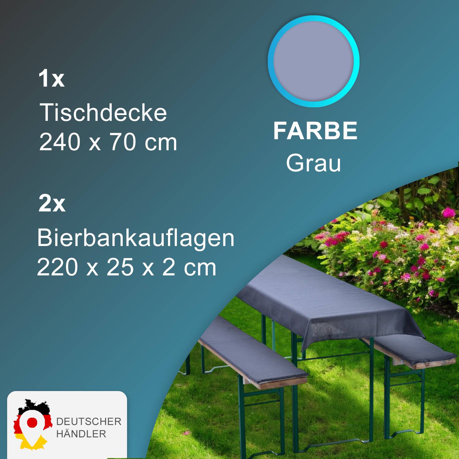 NYVI Bierbankauflagen Set 240x70 cm Grau - 1x Tischdecke für 220x50 cm Biertische & 2x Gepolsterte Auflage für 220x25 cm Bierbänke