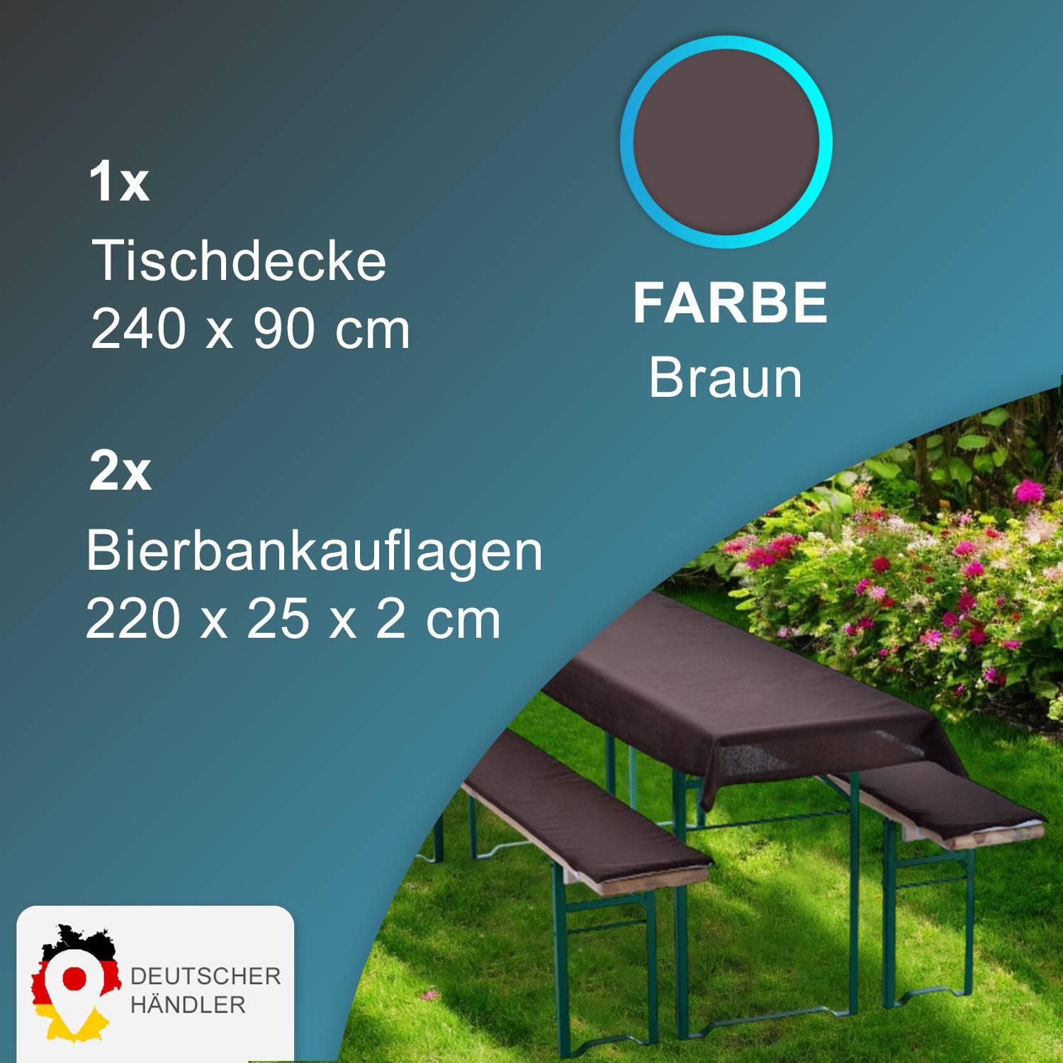 NYVI Bierbankauflagen Set 240x90 cm Braun - 1x Tischdecke für 220x70 cm Biertische & 2x Gepolsterte Auflage für 220x25 cm Bierbänke