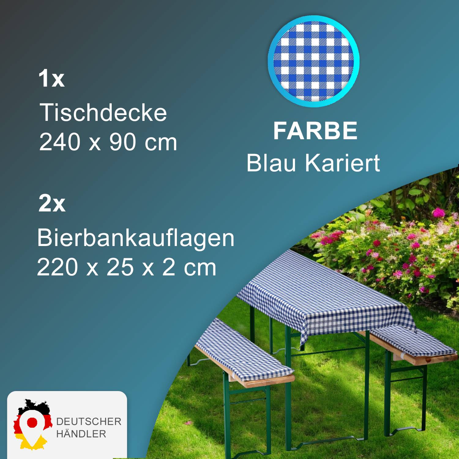 NYVI Bierbankauflagen Set 240x90 cm Blau Kariert - 1x Tischdecke für 220x70 cm Biertische & 2x Gepolsterte Auflage für 220x25 cm Bierbänke