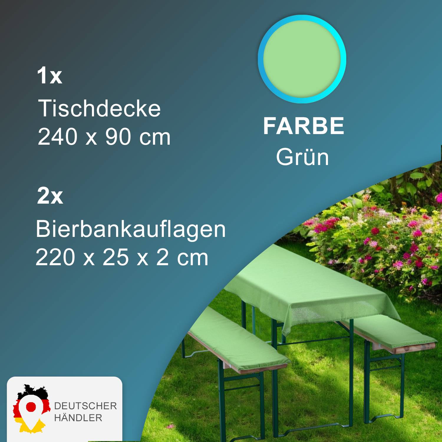 NYVI Bierbankauflagen Set 240x90 cm Grün - 1x Tischdecke für 220x70 cm Biertische & 2x Gepolsterte Auflage für 220x25 cm Bierbänke