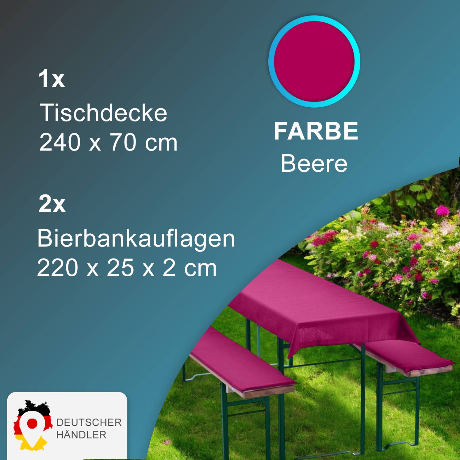 NYVI Bierbankauflagen Set 240x70 cm Beere - 1x Tischdecke für 220x50 cm Biertische & 2x Gepolsterte Auflage für 220x25 cm Bierbänke