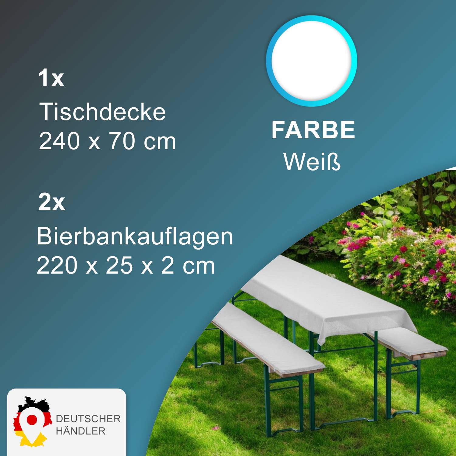 NYVI Bierbankauflagen Set 240x70 cm Weiß - 1x Tischdecke für 220x50 cm Biertische & 2x Gepolsterte Auflage für 220x25 cm Bierbänke