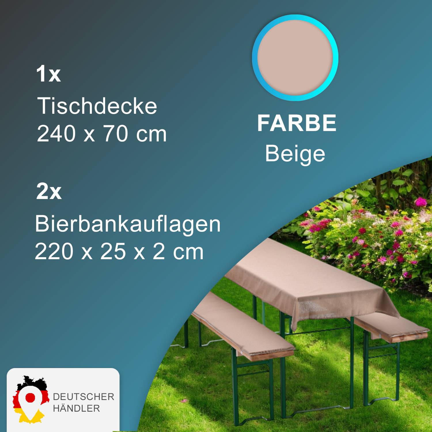 NYVI Bierbankauflagen Set 240x70 cm Beige - 1x Tischdecke für 220x50 cm Biertische & 2x Gepolsterte Auflage für 220x25 cm Bierbänke