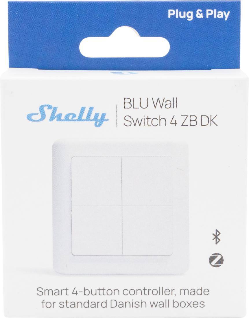 Shelly BLU Wall Switch 4 ZB DK, Wandtaster, 4-fach, 16 Aktionen, Bluetooth, Zigbee, weiß