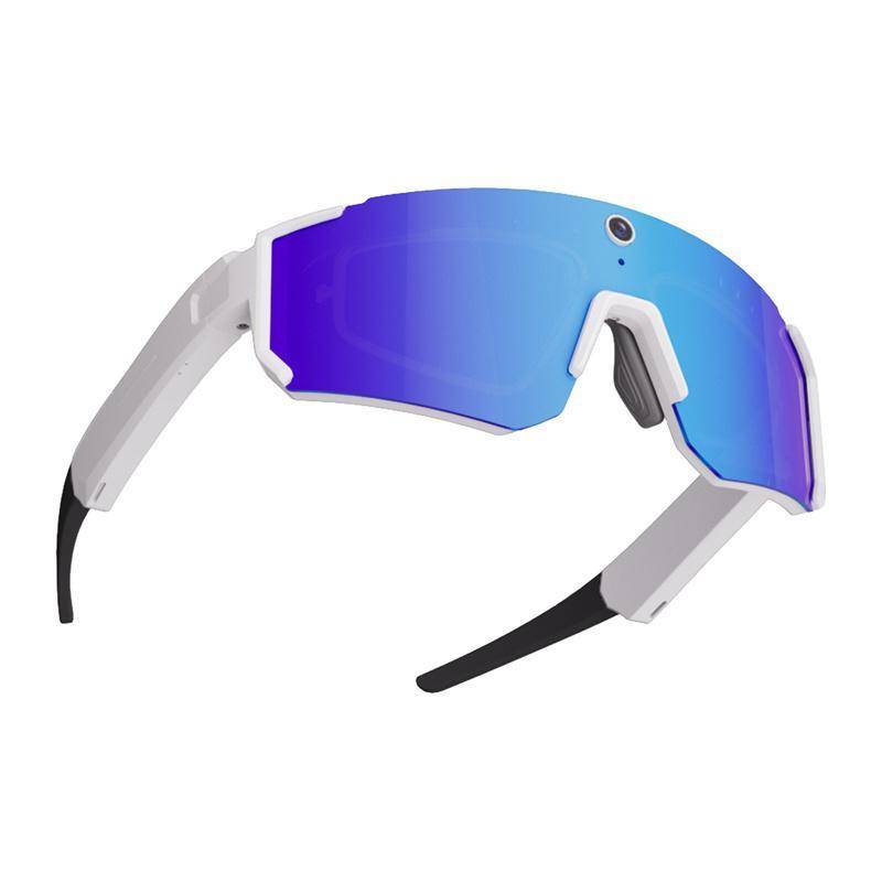 COLMI V03 Sports Sunglasses, Smarte Sport Sonnenbrille mit 8MP Kamera, Audio, Bluetooth 5.3, IP54 - Ausführung: Weiß mit blauen Gläsern