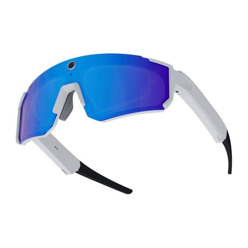 COLMI V03 Sports Sunglasses, Smarte Sport Sonnenbrille mit 8MP Kamera, Audio, Bluetooth 5.3, IP54 - Ausführung: Weiß mit blauen Gläsern