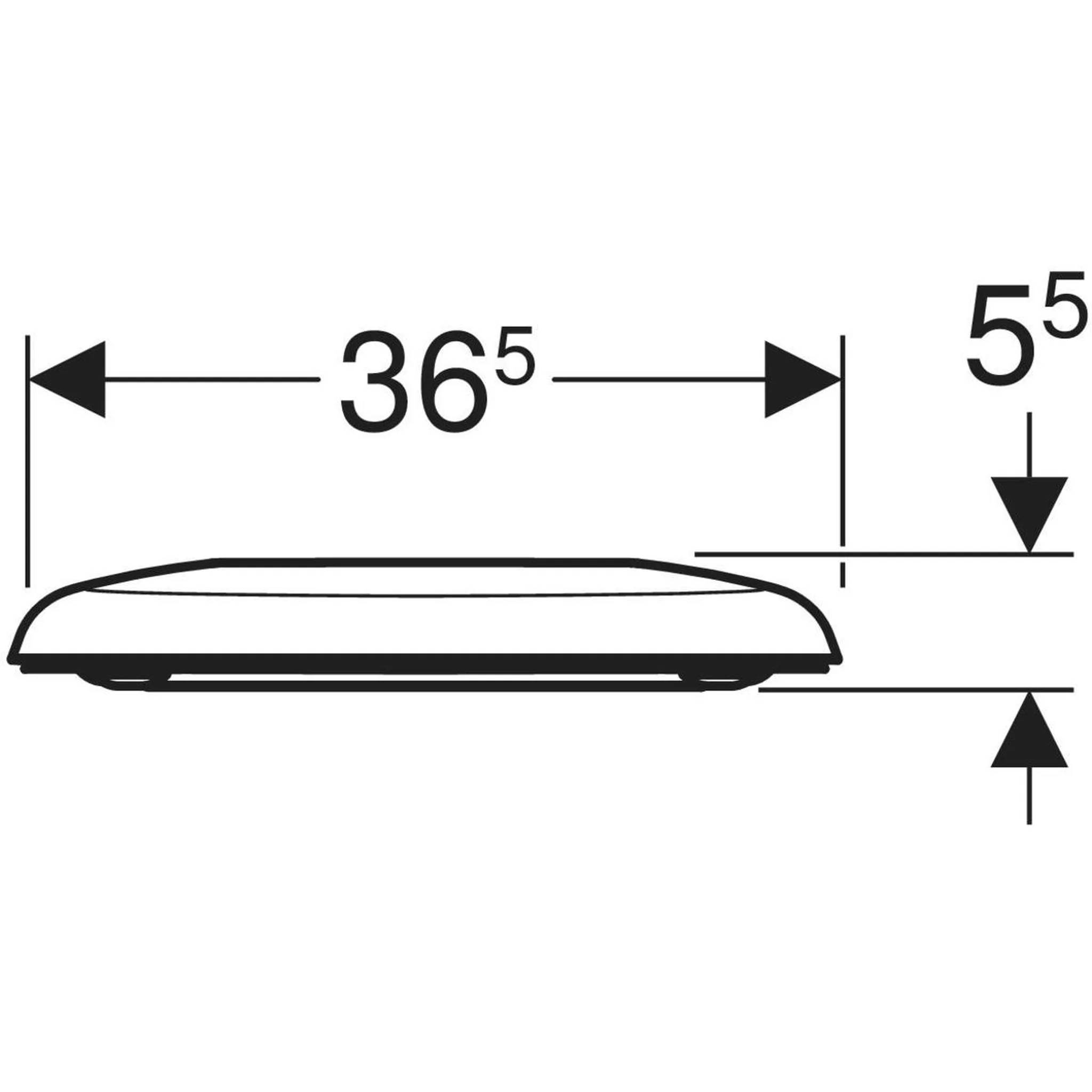 Seitenansicht-Technisches Diagramm eines flachen Objekts, das die Abmessungen 36,5 breit und 5,5 hoch mit Messspfeilen zeigt.