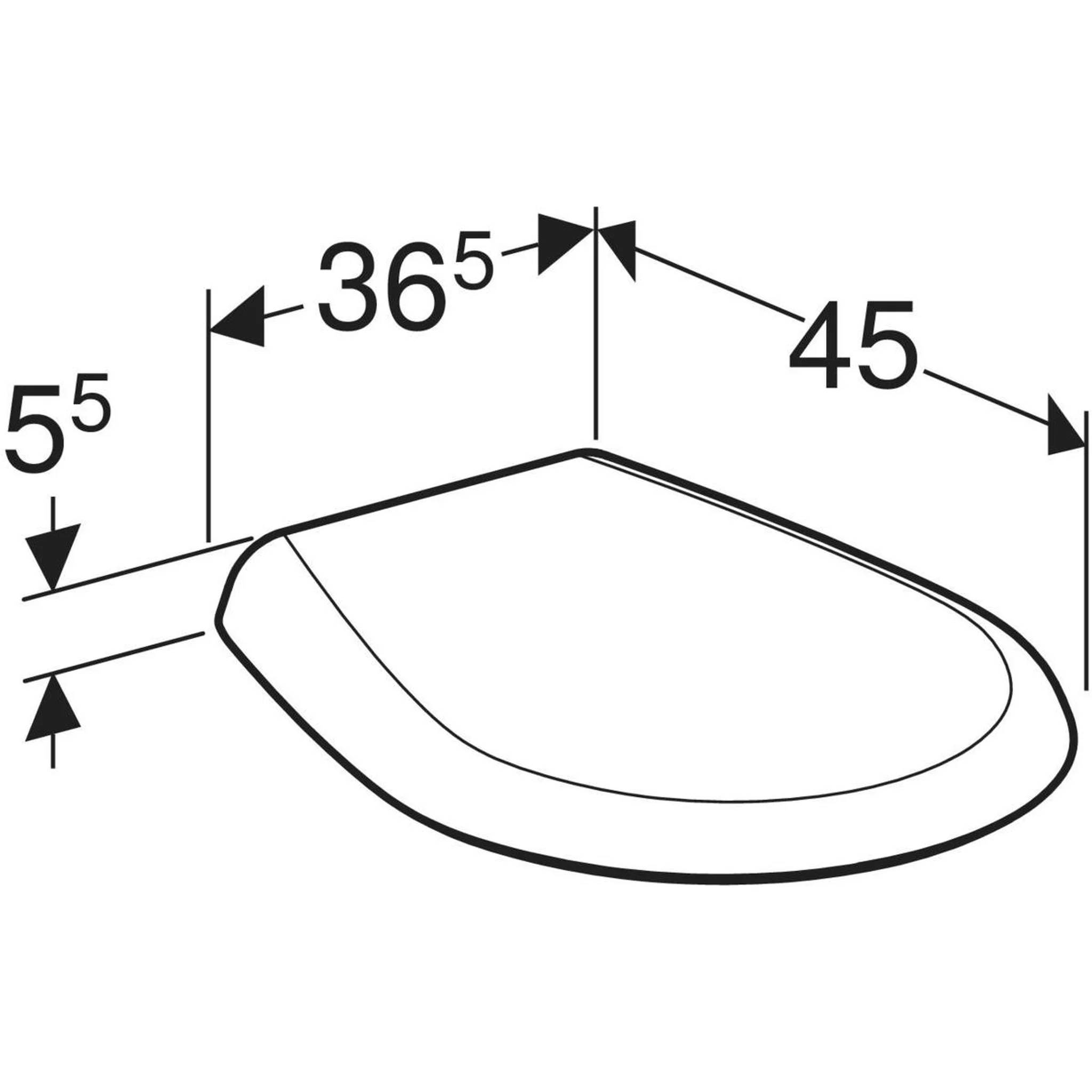 Diagramm eines ovalen Toilettensitzes oder einer Abdeckung mit Abmessungen 45 x 36,5 und einer Dicke von 5,5.