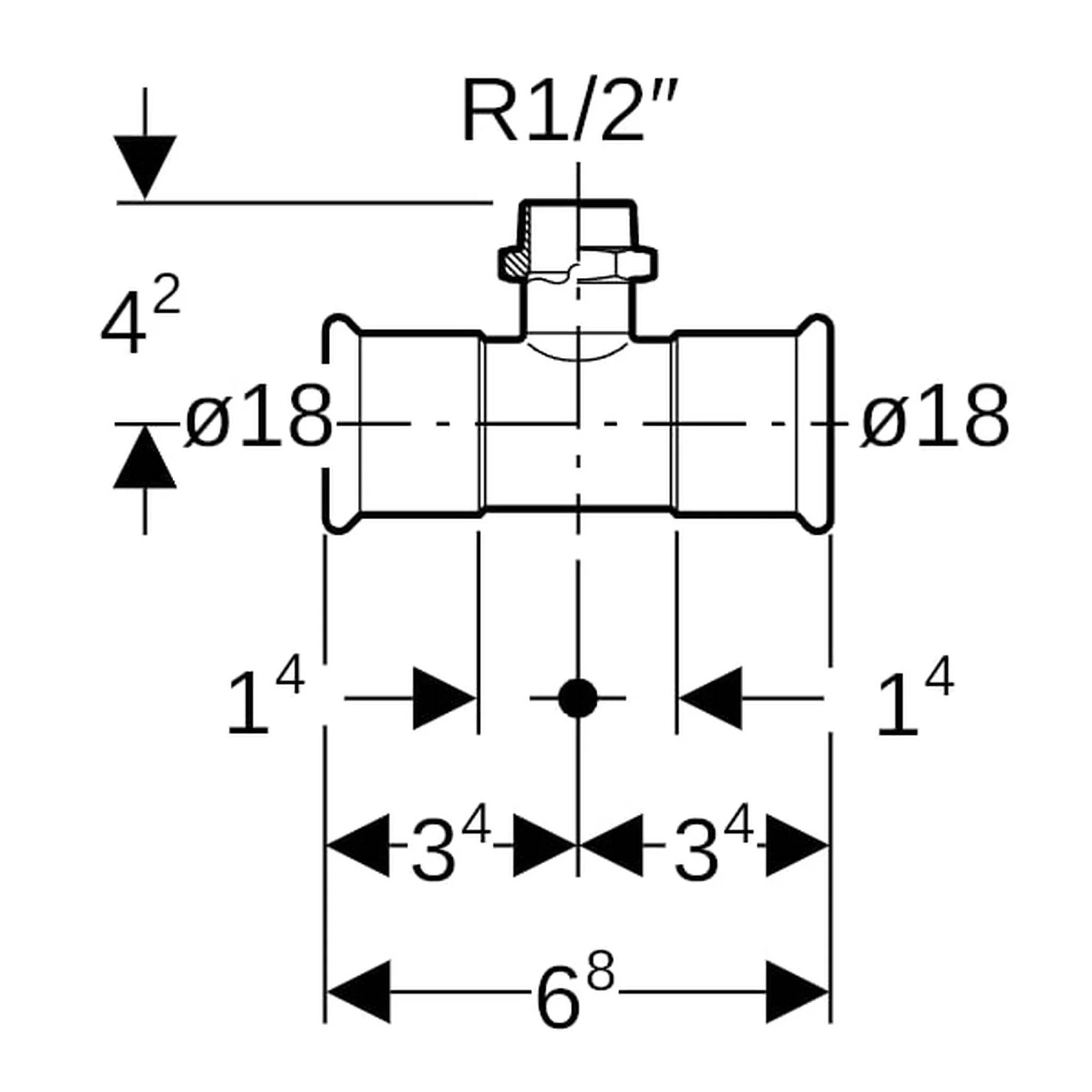 Technische Zeichnung einer T-förmigen Rohrverschraubung mit R1/2-Zoll-Auslass oben, 18-mm-Seitenöffnungen und beschrifteten Abmessungen 4.2, 1.4, 3.4 und 6.8.