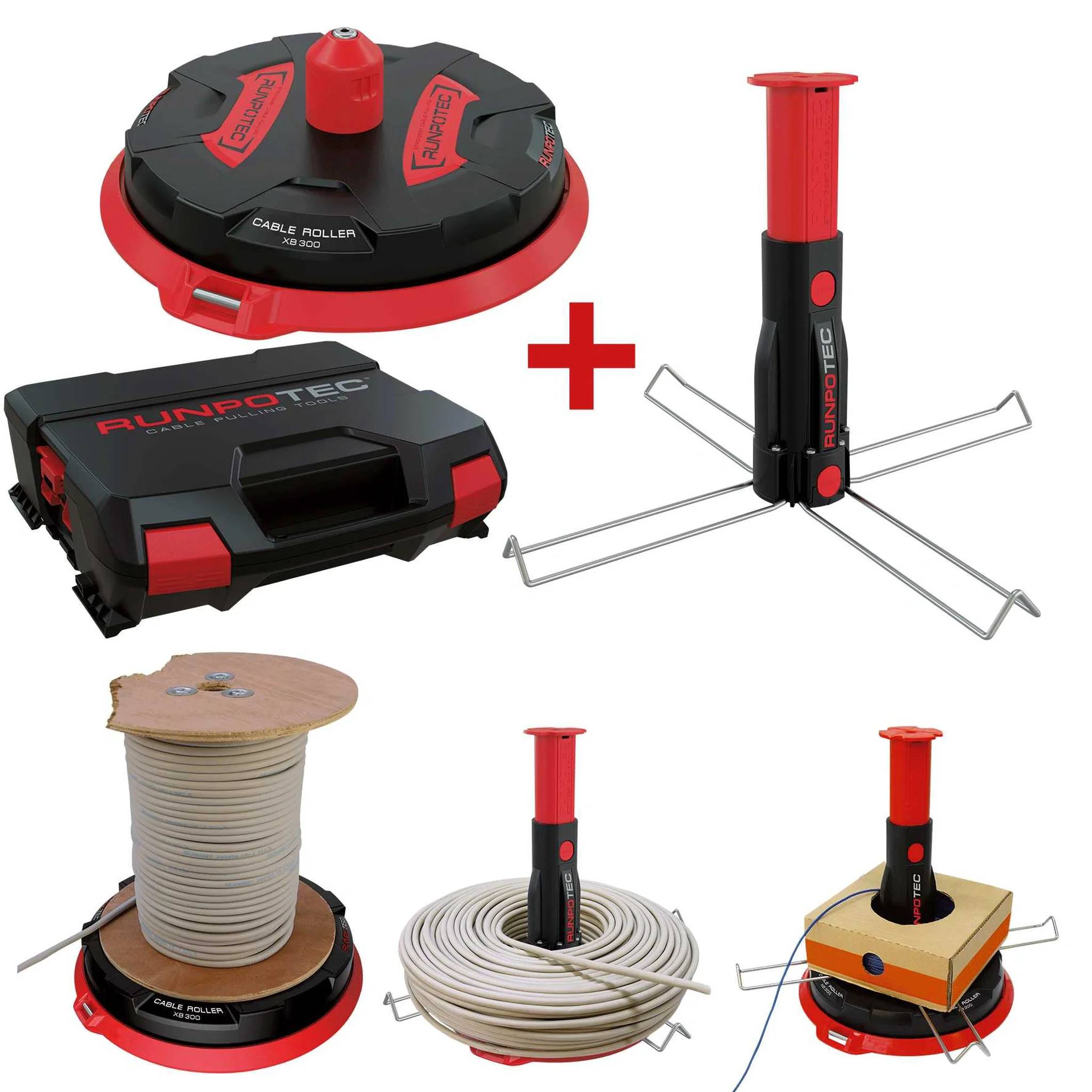 Produktbild von Runpotec-Kabelspulengeräten, das eine Kabelrolle, einen Transportkasten und Spulenstände zeigt, die aufgewickelte Kabelspulen und einen Kabelabroller stützen.