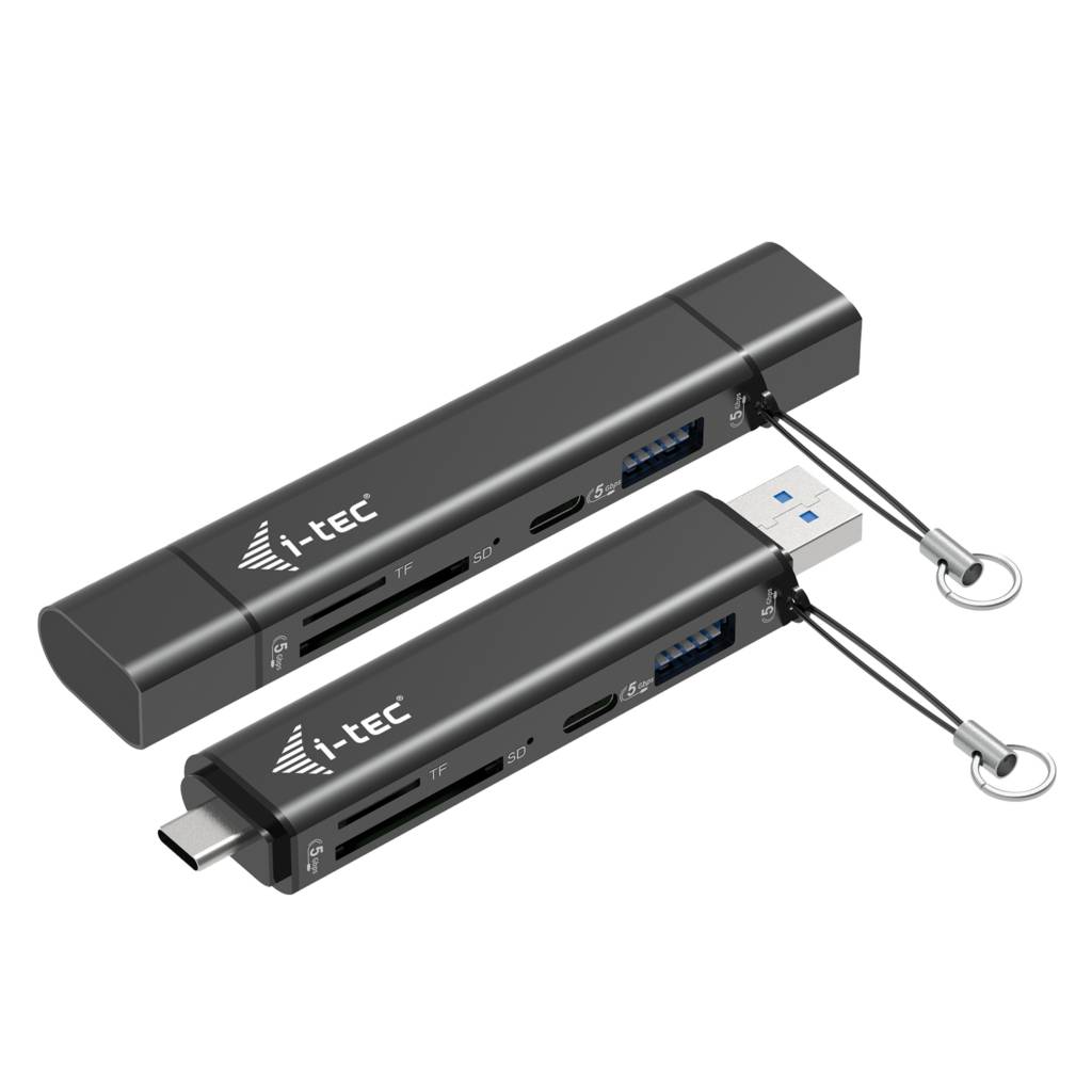 Zwei schwarze i-tec USB-C-Multiport-Adapter mit integrierten Kabeln und Schlüsselanhängerschleifen, die USB-A- und USB-C-Anschlüsse auf schwarzem Hintergrund zeigen.