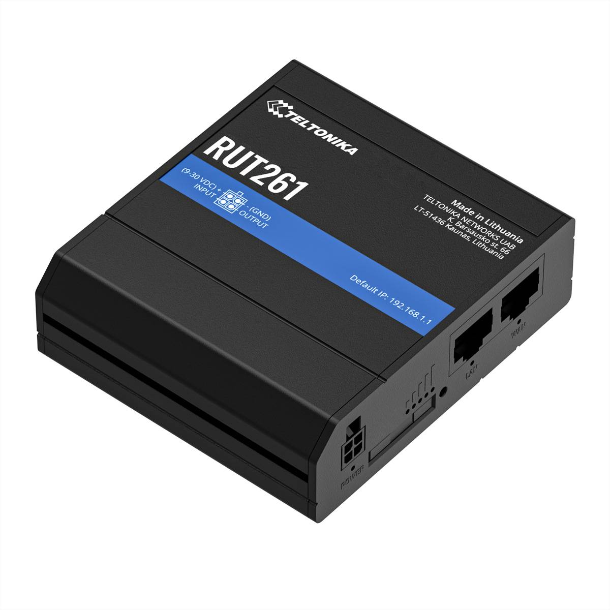 Teltonika RUT261 Industrie-Router in einem schwarzen rechteckigen Gehäuse mit Ethernet-Anschlüssen an der Seite.