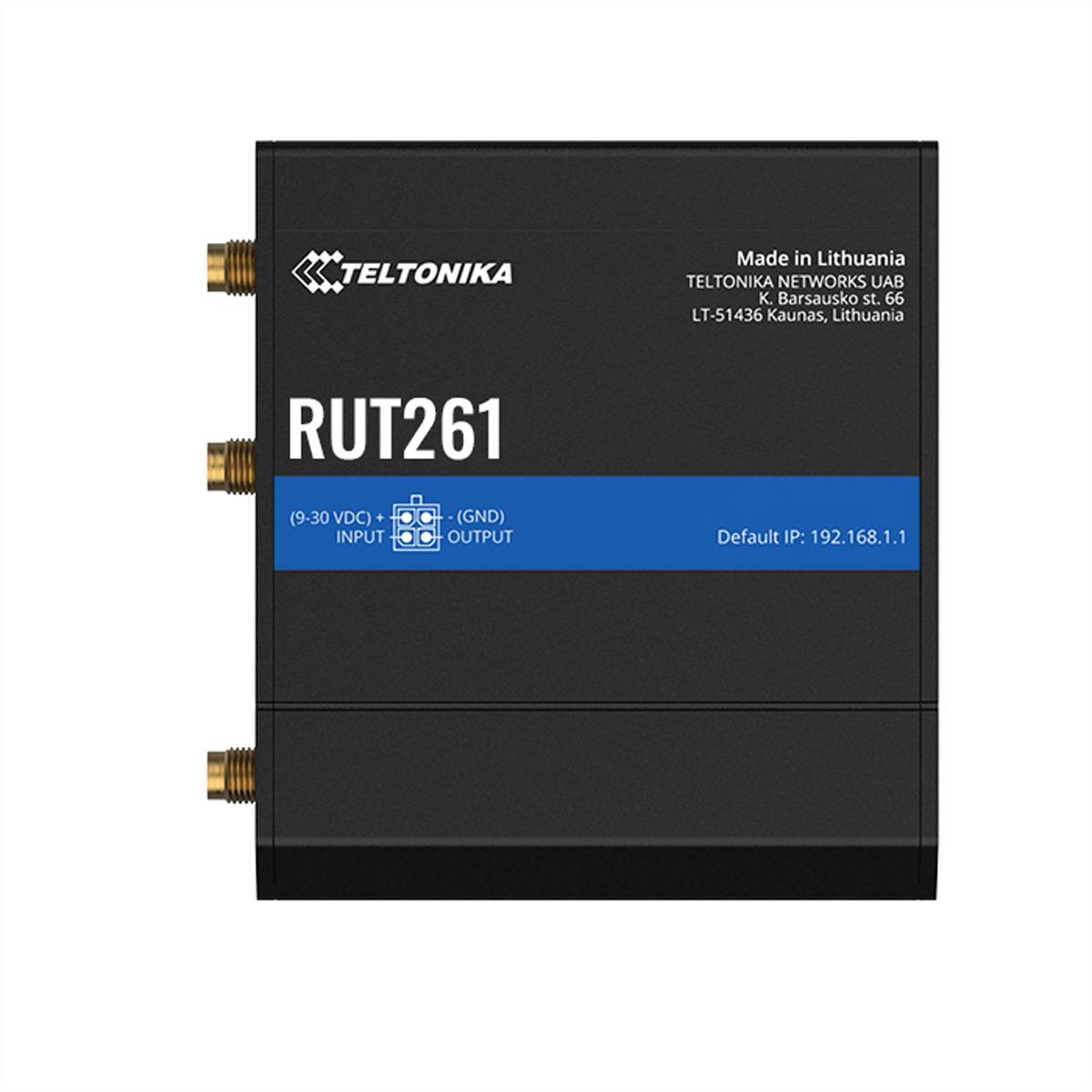 Teltonika RUT261 Industrie-Router, schwarz mit drei Antennenanschlüssen und Etikett mit Standard-IP 192.168.1.1.