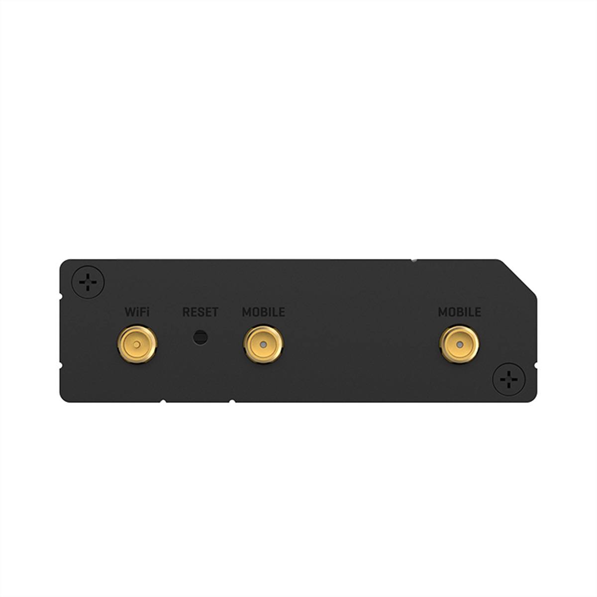 Schwarzes kabelloses Gerätepanel mit drei vergoldeten Antennensteckern, die mit WiFi und Mobile gekennzeichnet sind, plus einer kleinen Zurücksetzen-Taste.