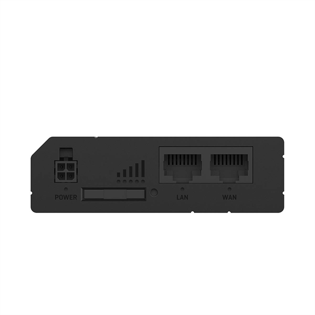 Vorderansicht eines schwarzen Netzwerkgerätepanels mit POWER-Eingang, Signalanzeigebalken und gekennzeichneten LAN- und WAN-Anschlüssen.