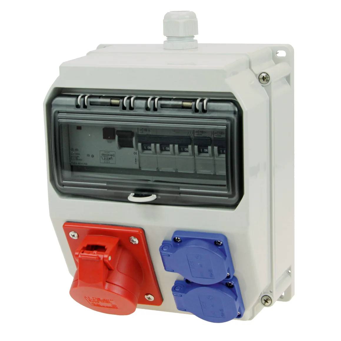 Elso CEE-Wandverteiler, 16A, 5-polig, 400V, 2 Schutzkontaktsteckdosen, IP54, grau, 1 Stk.