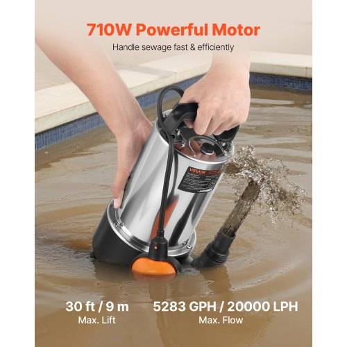 Produktfoto einer tauchbaren Abwasserpumpe im Wasser, die einen '710-W-Hochleistungsmotor', maximale Hubhöhe von 30 Fuß/9 m und maximalen Durchsatz von 5283 GPH/20000 LPH zeigt.