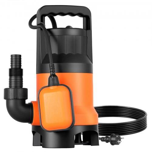 Orange-schwarze Tauchpumpe mit Schlauch, Stromkabel und Schwimmerschalter auf weißem Hintergrund.