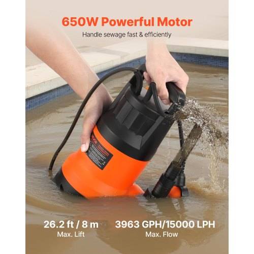 Tauchbare Abwasserpumpe wird aus dem Wasser gehoben, gekennzeichnet mit „650W leistungsstarkem Motor", maximale Förderhöhe 26,2 ft/8 m und maximaler Durchsatz 3963 GPH/15000 LPH.