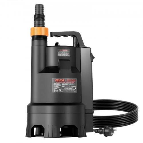 Schwarze VEVOR-Tauchnutzpumpe mit Griff, Stromkabel und Schlauchverbindungsfitting auf weißem Hintergrund.