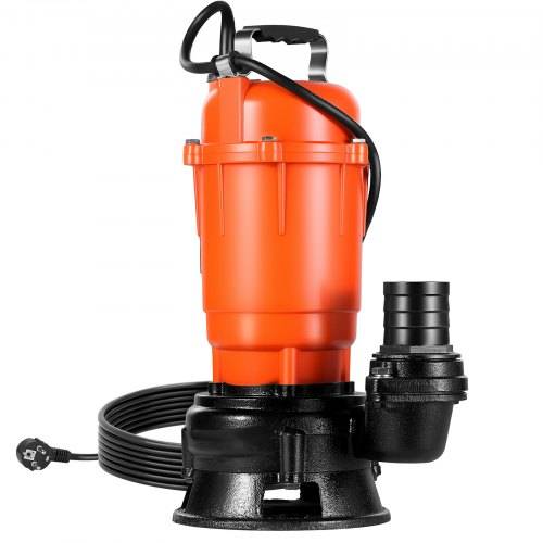 Orange Tauchpumpe mit schwarzer Basis, Stromkabel und Schlauchauslass auf weißem Hintergrund.