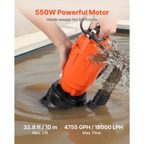 Orange-Abwasserpumpe, die in schmutzigem Wasser gehalten wird, mit Text, der '550W Starker Motor', maximale Hubhöhe von 32,8 Fuß/10 m und maximaler Durchfluss von 4755 GPH/18000 LPH zeigt.