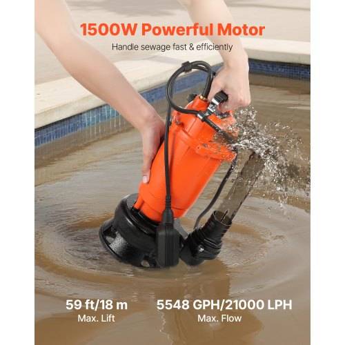 Orange-farbige Tauchpumpe für Schmutzwasser in schmutzigem Wasser, von Händen gehalten, mit Text „1500W Leistungsstarker Motor