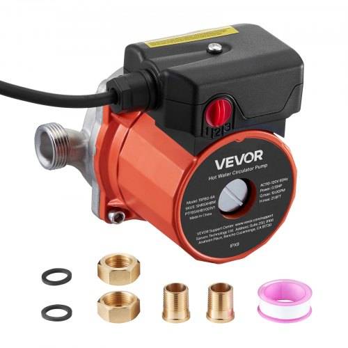 VEVOR Warmwasser-Umwälzpumpe mit Stromkabel und zubehör: zwei Muttern, zwei Adapter, zwei O-Ringe und rosa Dichtungsband.