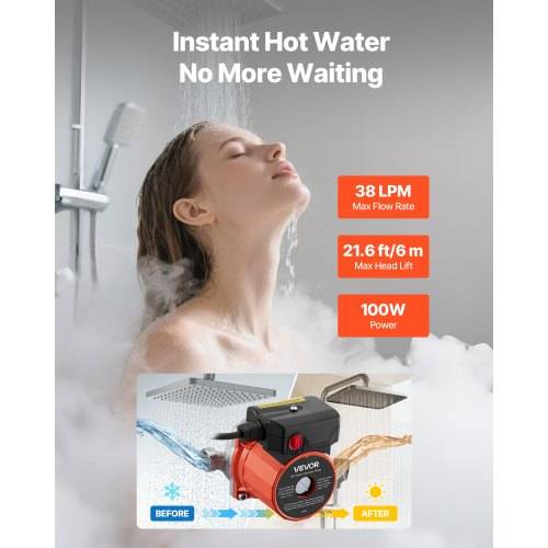 VEVOR Umwälzpumpe, 38 LPM, Umwälzpumpensystem mit sofortiger Zirkulation, 3-Gang-Steuerung, 100 W, AC 220–240 V, G3/4 Zoll auf G1/2 Zoll Adapter,