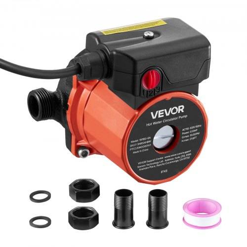 VEVOR Warmwasserzirkulationspumpe mit Stromkabel und im Lieferumfang enthaltenen Anschlüssen, gezeigt mit zwei Adaptern, zwei Gewindesteckverbindern, zwei O-Ringen und PTFE-Band.