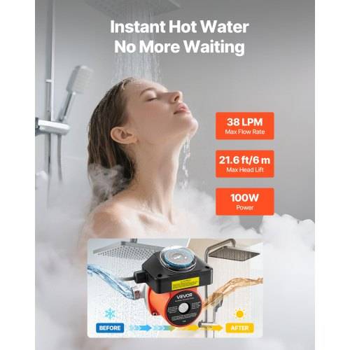 # Anzeige für eine Sofortboiler-Pumpe mit einer Frau unter der Dusche und Produktspezifikationen: 38 LPM maximaler Durchfluss, 21,6 ft/6 m maximale Förderhöhe, 100W Leistung.