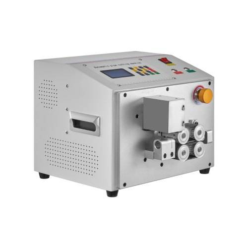 Kompakte Industriemaschine mit Bedienfeld, Rollen und Notausschalter, dargestellt vor weißem Hintergrund.