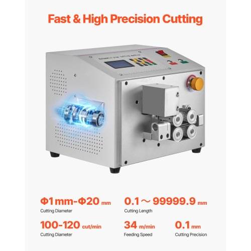 Produktbild einer Präzisions-Schneidemaschine mit der Bezeichnung „Schnell & hochpräzises Schneiden", mit Spezifikationen: Ø1mm-Ø20mm Schnittdurchmesser, 0,1–99999,9mm Schnittlänge, 100–120 Schnitte/Min, 34m/Min Vorschubgeschwindigkeit, 0,1mm Präzision.