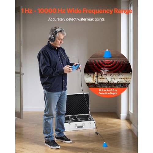 Mann verwendet einen tragbaren Wasserlecksuchgerät in Innenräumen, mit Text „1 Hz – 10000 Hz großer Frequenzbereich" und „Wasserleckpunkte genau erkennen""; Einfügung zeigt 19,7 Zoll/0,5 m Erkennungstiefe.