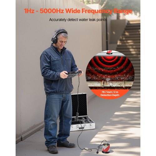 Mann, der einen tragbaren Wasserleckdetektor im Freien verwendet; Text besagt „1Hz – 5000Hz breites Frequenzbereich" und „Wasserlecks genau erkennen"", mit 78,7 Zoll/2 m Erkennungstiefe.