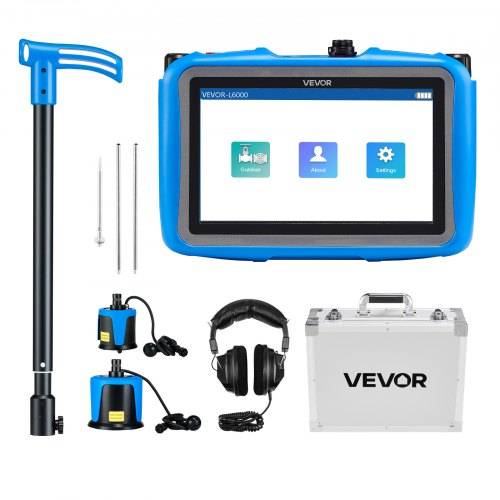 VEVOR Inspektionsset mit tragbarem Touchscreen-Monitor, Sondenstab, zwei Kamerakopfteilen, Kopfhörern und silberner Tragetasche.
