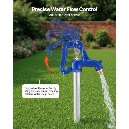 Blauer Außenwasserhahn mit Hebelgriff, der Wasser auf einen Rasen sprüht, mit den Bezeichnungen „Präzise Wasserdurchflussregelung" und „Verstellbarer Hebelgriff"".