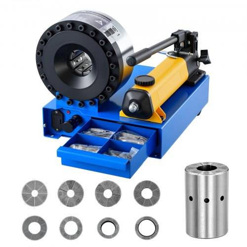 Kompakte Industriemaschine mit austauschbaren kreisförmigen Schneidwerkzeugen, einem gelben hydraulischen Hebel und verschiedenen Werkzeugringen, die unten angezeigt sind.