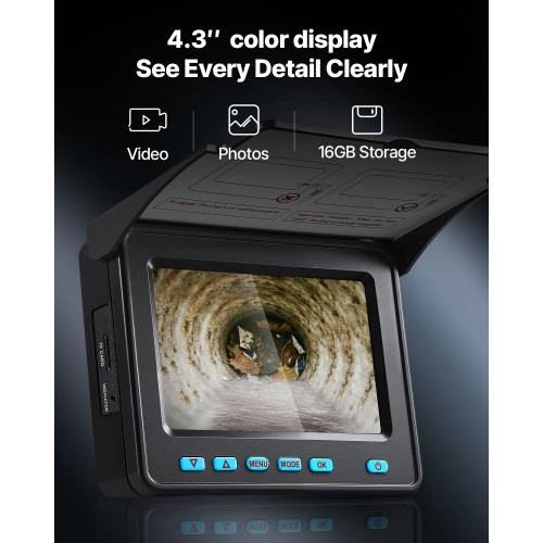 Tragbare Inspektionskamera mit 4,3-Zoll-Farbdisplay, Video-/Fotofunktion und 16GB Speicher, zeigt das Innere eines Rohrs auf dem Bildschirm.