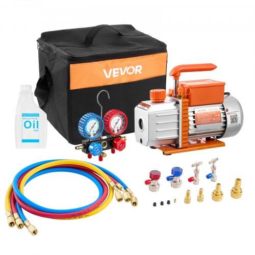 VEVOR Vakuumpumpen-Set mit Tragetasche, Ölbehälter, Druckmessern, Schläuchen und verschiedenen Anschlüssen