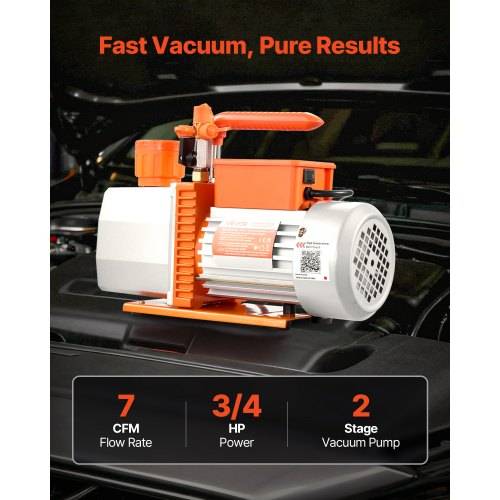 Orangefarbene und weiße Vakuumpumpe auf einem Automotor, beschriftet mit „Fast Vacuum, Pure Results" (Schnelles Vakuum, reine Ergebnisse) mit 7 CFM Durchsatzrate, 3/4 PS Leistung und 2-stufiger Vakuumpumpe.