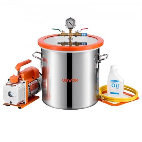 Ölextraktions-Set mit Edelstahltank, Druckanzeige, Pumpe, Schlauch und Ölflasche auf weißem Hintergrund.