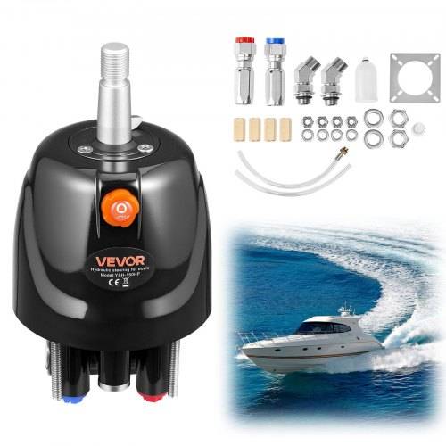 VEVOR Hydraulik-Lenkhelmset mit Fittings und Schläuchen, dargestellt mit einer Yacht, um die Verwendung für ein Bootslenksystem anzuzeigen.