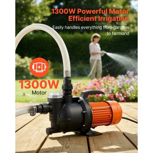 Werbebild einer 1300-W-Bewässerungspumpe mit Schlauch, beschriftet mit „1300-W-Kraftvoller Motor" und „Effiziente Bewässerung"", gezeigt beim Bewässern eines Gartens.