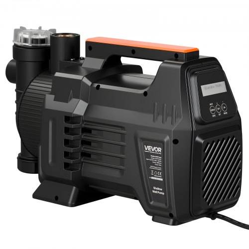 Tragbare VEVOR Elektropumpe für Pool/Spa mit Griff, digitaler Anzeige und Schlauchverbindungen.