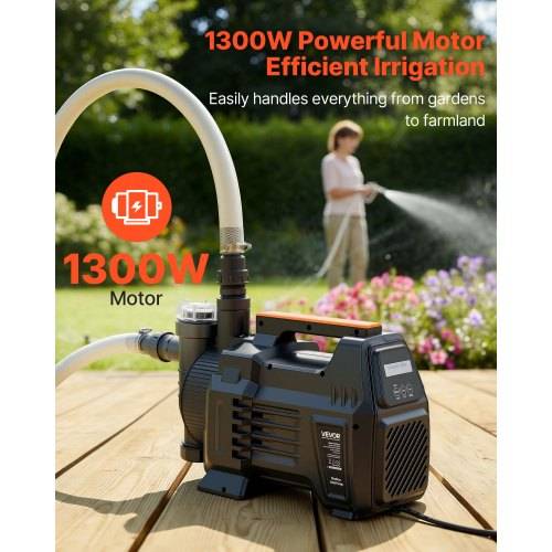 Tragbare elektrische Wasserpumpe mit der Aufschrift „1300W Powerfull Motor" und „Efficient Irrigation"", dargestellt mit Schlauch in einem Garten, während jemand im Hintergrund Pflanzen bewässert.