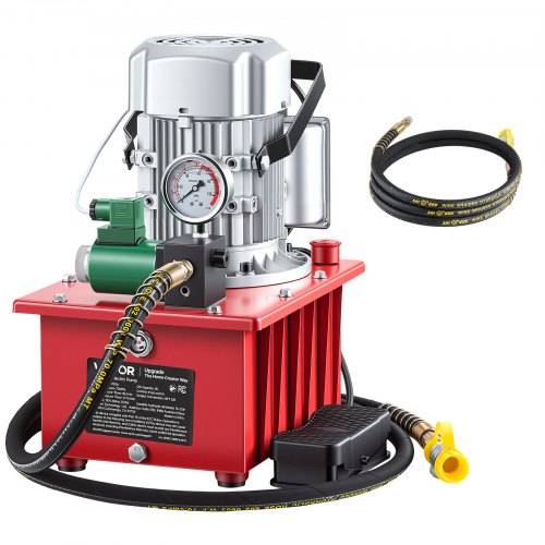 Tragbares Hydraulikaggregat mit Elektromotor, Druckmanometer, Schläuchen und gelben Kupplungen auf roter Basis.