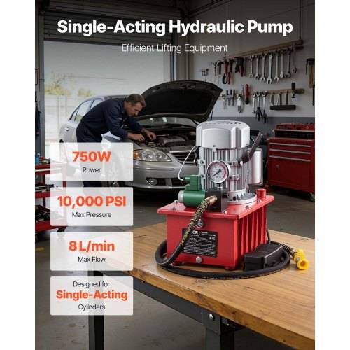 VEVOR Elektrische Hydraulikpumpe 750 W, Einfachwirkende Elektrohydraulikpumpe 10000 PSI, Hydraulikaggregat, Magnetventil mit Fußschalter, 8 L Öltank