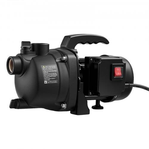 Schwarze elektrische Wasserpumpe mit Griff, Stromschalter und angeschlossenem Kabel, gezeigt auf weißem Hintergrund.